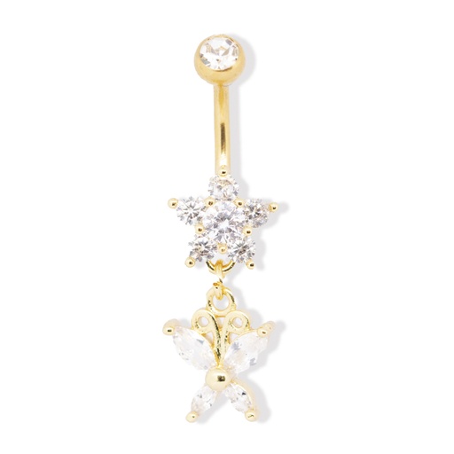 [GDS-BDC402-1.6-10-5S] Steel 316L Gold PVD Titanium Coated Belly Button Banana in Fashion Design - CC Crystal Clear -14GA(1.6mm)    