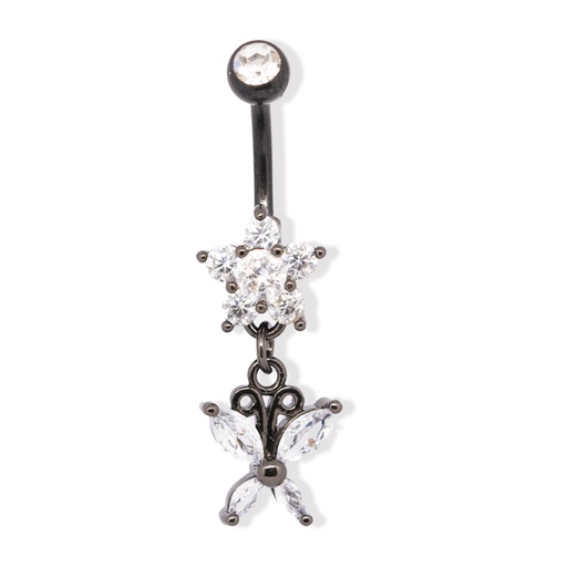 [BKS-BDC402-1.6-10-5S] Steel 316L Black PVD Titanium Coated Belly Button Banana in Fashion Design - CC Crystal Clear -14GA(1.6mm)     