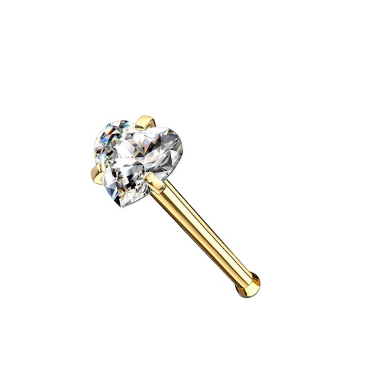 [GDS-NSD36-0.8-7-3-CC] Steel 316L Gold Ti-PVD Coated Nose Pin with Setting Heart Stone - 20GA(0.8mm)