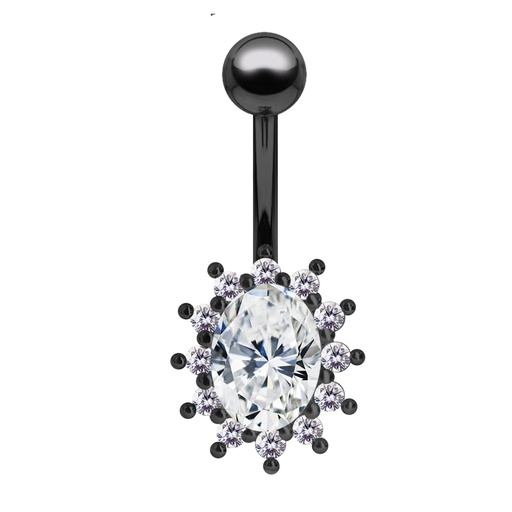 [BKS-BNC480-1.6-10-5] Steel 316L Black Ti-PVD Coated Belly Button Banana  with Premium Cubic Zirconia Stone in Fashion Design - CC Crystal Clear 