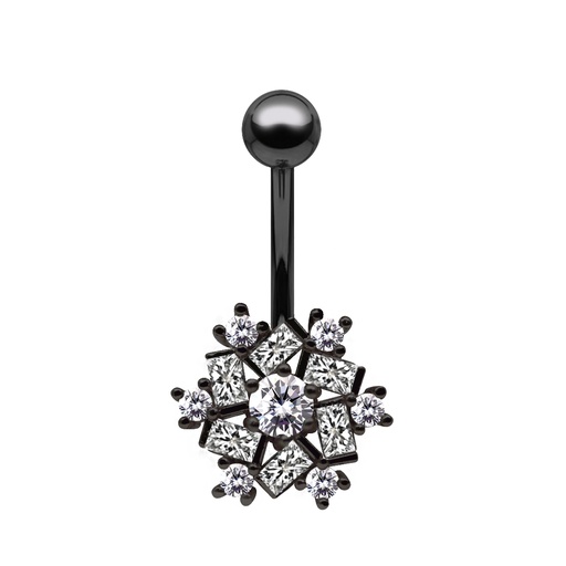 [BKS-BNC267-1.6-10-5] Steel 316L Black Ti-PVD Coated Belly Button Banana in Fashion Design - CC Crystal Clear -14GA(1.6mm)   