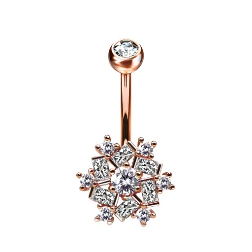 [RGS-BNC319-1.6-10-5S] Steel 316L Rose Gold PVD Titanium Coated Belly Button Banana in Fashion Design - CC Crystal Clear -14GA(1.6mm)