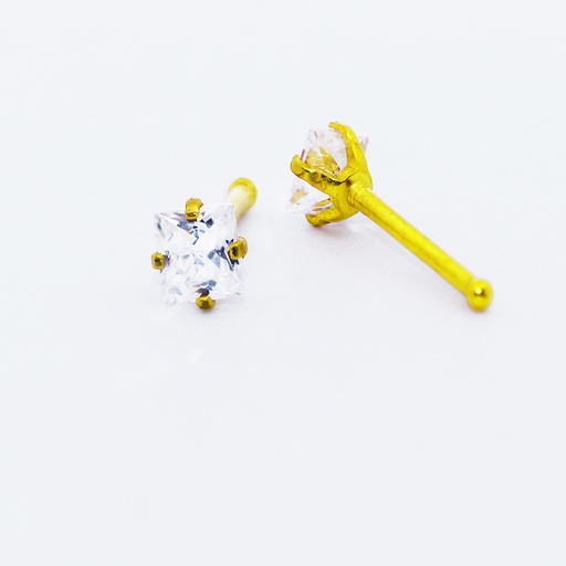 Steel 316L Gold Ti-PVD Coated Nose Pin with Prong Setted Square Stone - 20GA(0.8mm) 