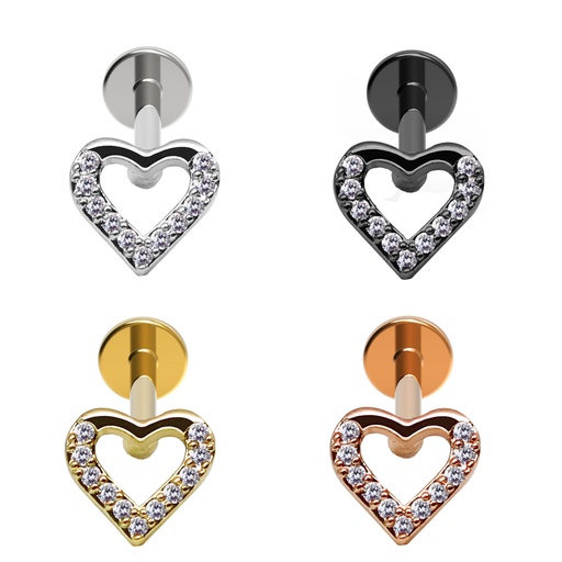 Steel 316L Helix Labret in Heart Design with Crystals - CC-Crystal Clear - 16GA(1.2mm)  