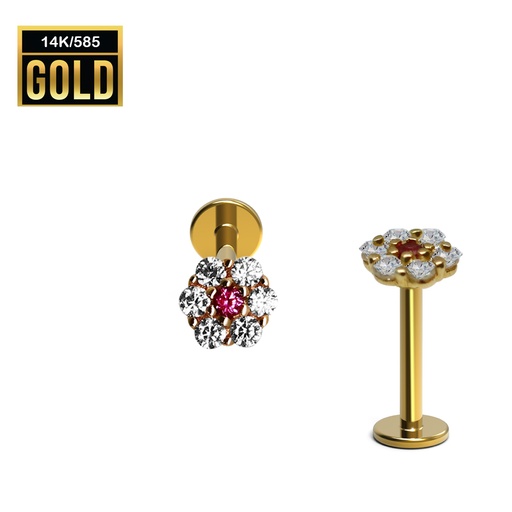 14K Real Gold Internally Labret with Cubic Zirconia Flower Top Design - 18GA(1.0mm)