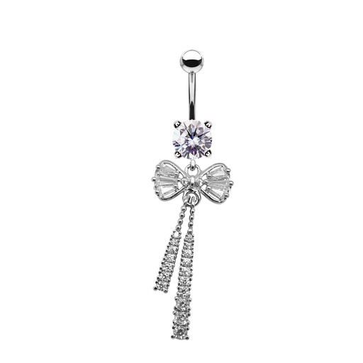 [S-BDC589-1.6-10-5] Steel 316L Belly Banana with Crystal -Bow & Tassel CC Crystal Clear -14GA(1.6mm)  