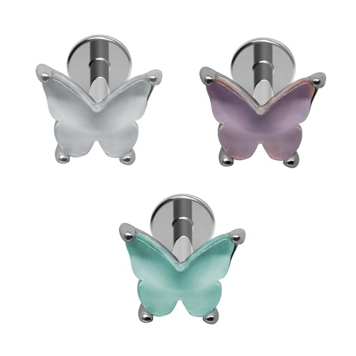 Steel 316L Internally Threaded Labret Butterfly Design With Opal Rainbow Crystals -  16GA(1.2mm) 