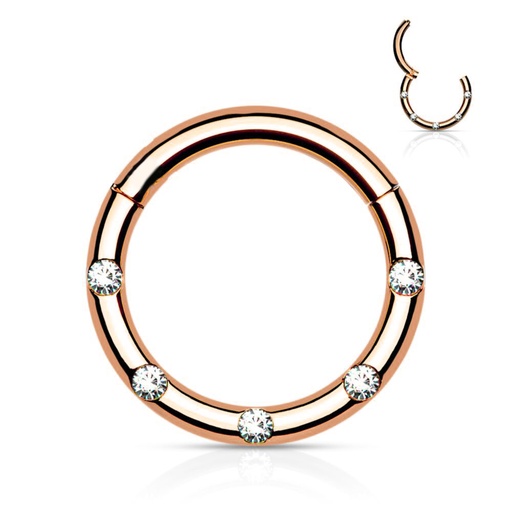 Steel 316L Rose Gold Ti-PVD Coated Hinged Segment Ring Clicker with  Five Crystals