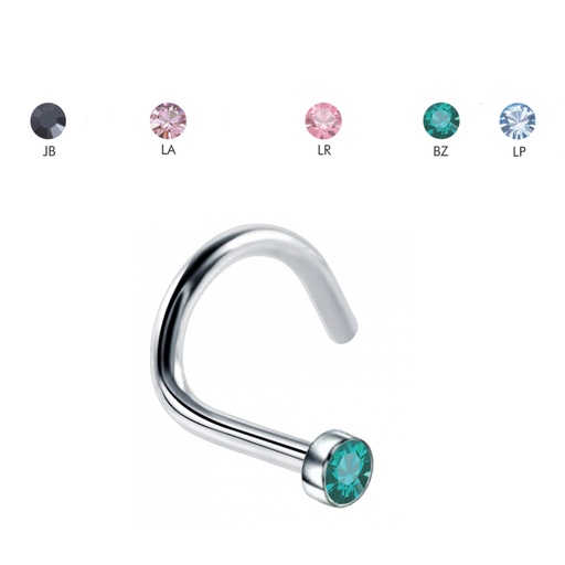 Steel 316L Nose Spiral with 2mm Flat Crystal Disc - 18GA(1.0mm) 