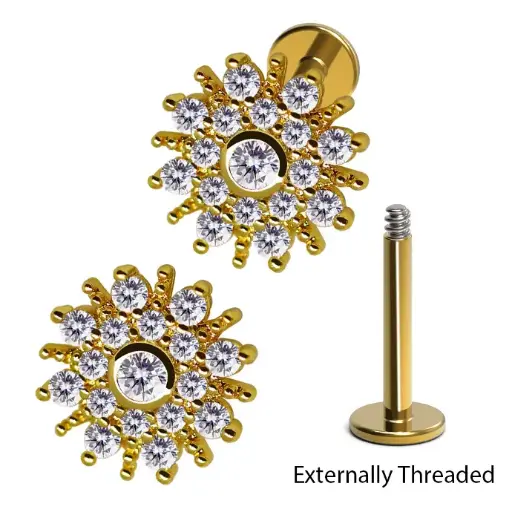 [GDS-LAB281] Steel 316L Labret in Flower Design with Crystals - CC Crystal Clear 