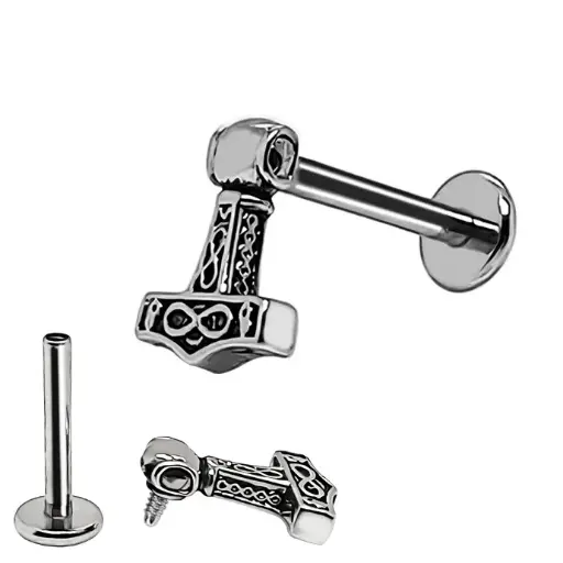 [S-LAB-INT61-1.2-8] Steel 316L Internally Threaded Labret with Viking Thor's Hammer Design  -  16GA(1.2mm)
