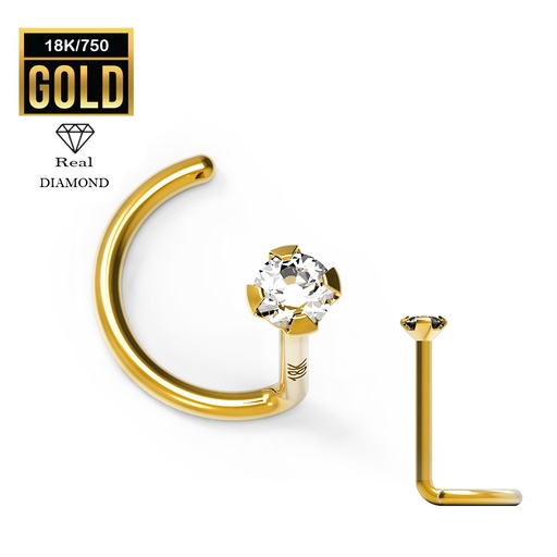 18K Real Gold Nose Spiral with Diamond (Prong Setting) - 23GA(0.6mm)