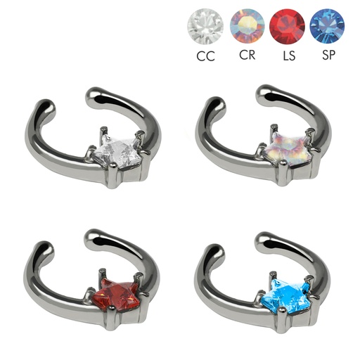 Brass White Rhodium Plated Clip-on septum Ring with Star Shaped Crystal in Fashion Design