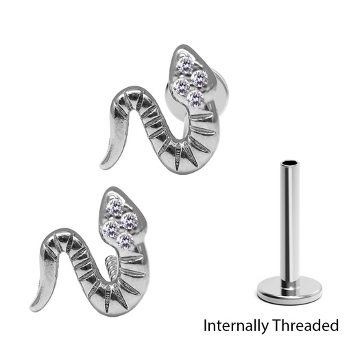 Steel 316L Internally Threaded Labret in Snake Design with Crystal 