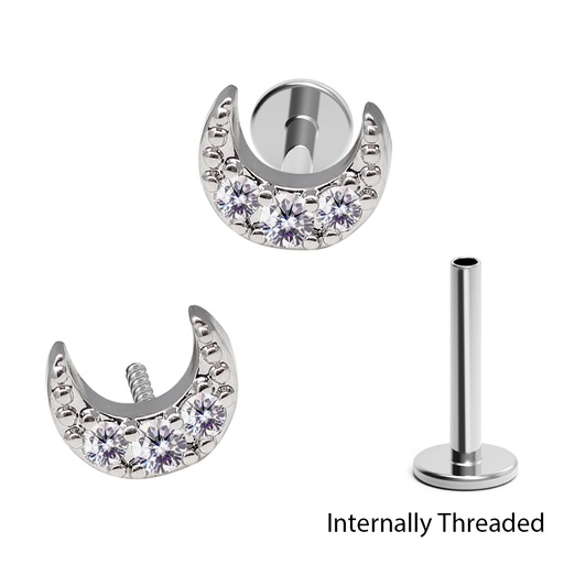 [S-HLAB-INT11-1.2-8] Steel 316L Internally Threaded Labret in Moon Design with Crystal