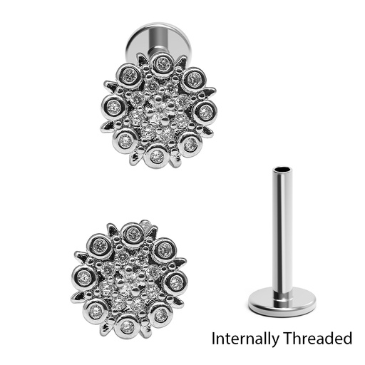 Steel 316L Internally Threaded Labret in Flower Design with Crystal -  16GA(1.2mm) 