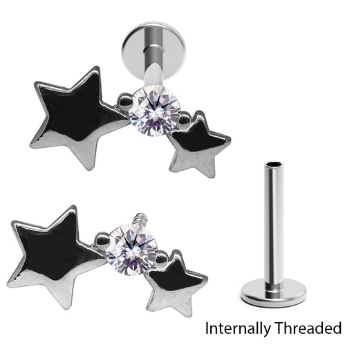 Steel 316L Internally Threaded Labret in Star Design with Crystal 