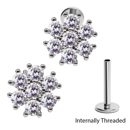 Steel 316L Internally Threaded Labret in Flower Design with Crystal -  16GA(1.2mm) 