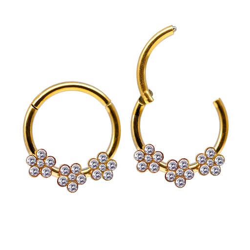 Steel 316L Gold Ti-PVD Coated Hinged Segment Ring Clicker with Triple Crystal Flower Design