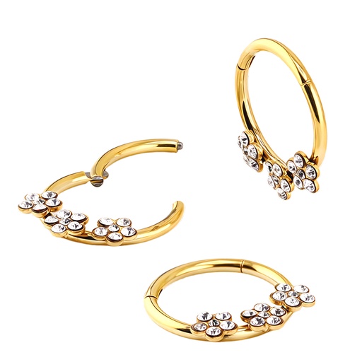 Steel 316L Gold Ti-PVD Coated Hinged Segment Ring Clicker with Triple Crystal Flower Design