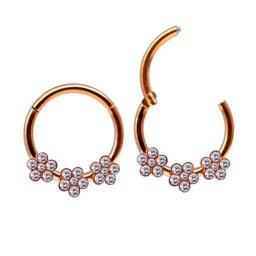Steel 316L Rose Gold Ti-PVD Coated Hinged Segment Ring Clicker with Triple Crystal Flower Design