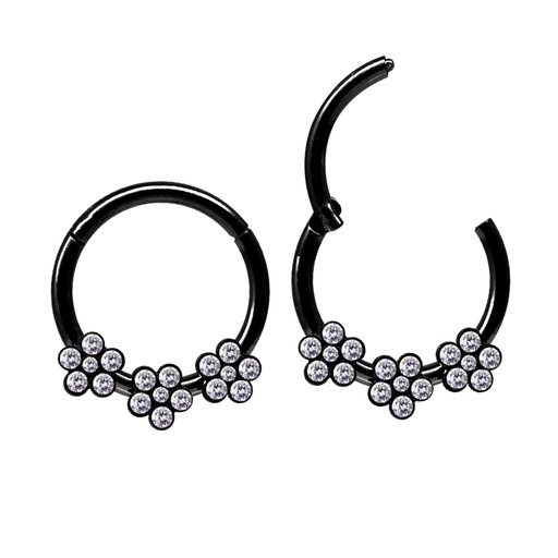 Steel 316L Black Ti-PVD Coated Hinged Segment Ring Clicker with Triple Crystal Flower Design