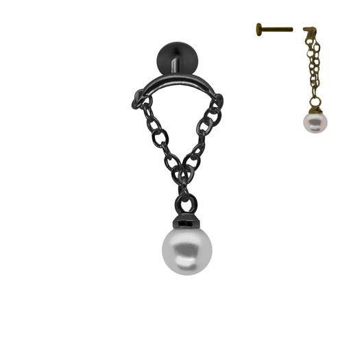 [BKS-HLAB-INT04-1.2-8-3] Steel 316L Black Ti-PVD Coated Internally Threaded Hidden Helix/Rook Labret with Link Chain & Pearl 