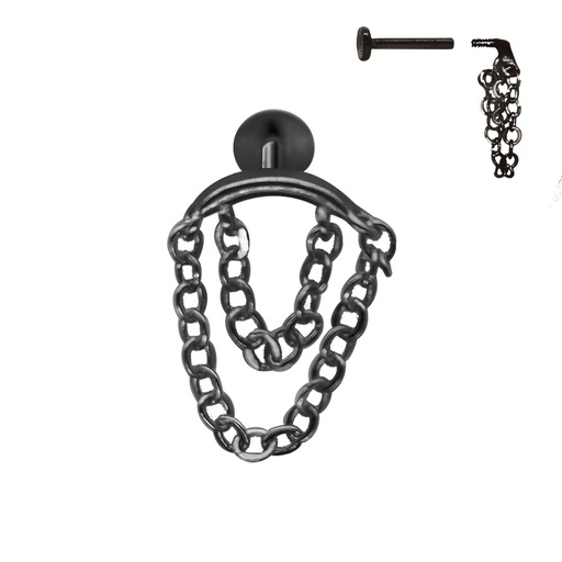 [BKS-HLAB-INT02-1.2-8] Steel 316L Black Ti-PVD Coated Internally Threaded Hidden Helix/Rook Labret with Double Link Chain
