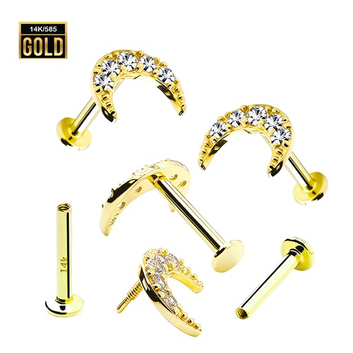 14K Real Gold Internally Labret with Top Cubic Zirconia in Moon Design 