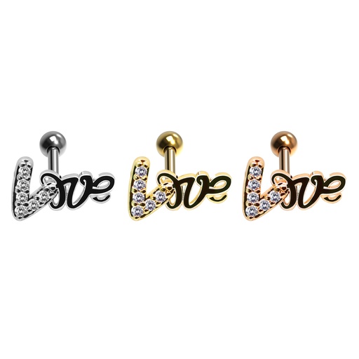 Steel 316L Barbell in Love Brass Design with Crystals - CC Crystal Clear
