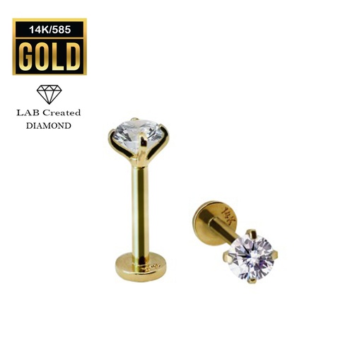 14K Real Gold Internally Labret with Round Lab Created Synthetic Diamond Top Design (Claw Setting) 