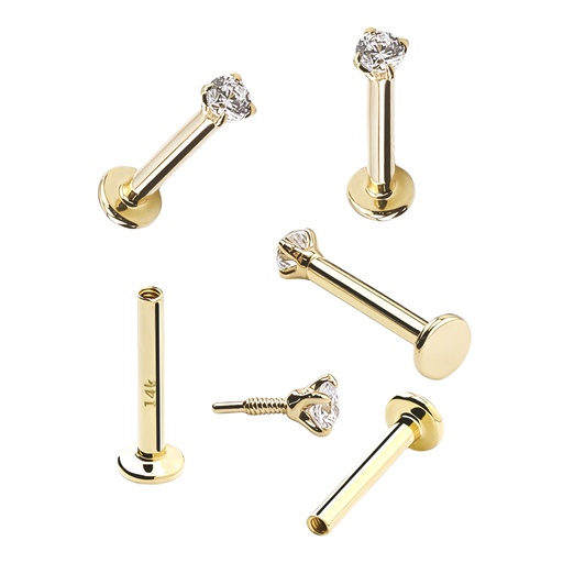 14K Real Gold Internally Labret with Round Synthetic Diamond Top Design (Claw Setting) 