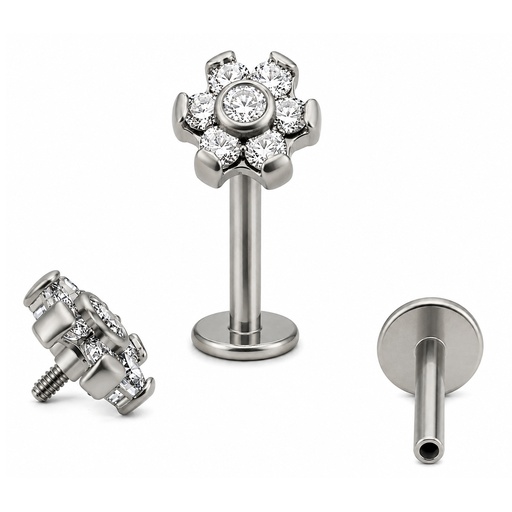 ASTM F136 Titanium G23 Internally Threaded Labret with Bezel Set Cubic Zirconia Stone Flower Top   
