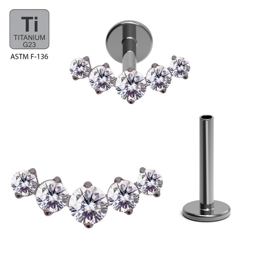 ASTM F136 Titanium G23 Internally Threaded Labret with 5 Cubic Zirconia Blaze Set Curve Top     