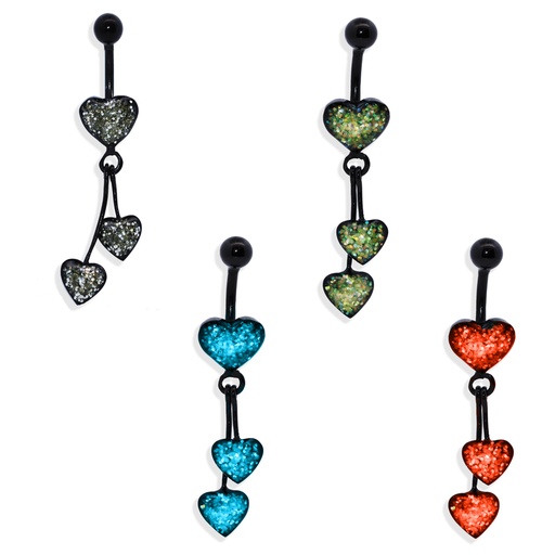 Steel 316L Black PVD Titanium Coated Belly Button Banana in Glitter Heart Design - 14GA (1.6mm)