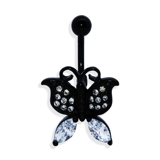 [BKS-BDC456-1.6-10-5] Steel 316L Black PVD Titanium Coated Belly Button Banana in Butterfly Design - CC- Crystal Clear - 14GA (1.6mm)