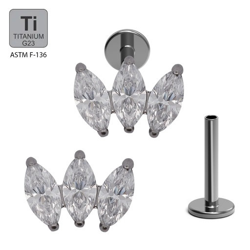 ASTM F136 Titanium G23 Internally Threaded Labret with 3 Prong Set Marquise Cubic Zirconia Top