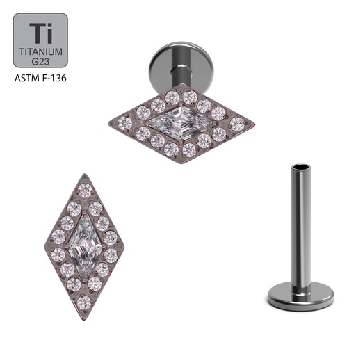 ASTM F136 Titanium G23 Internally Threaded Labret with Round Cubic Zirconia Paved Surround the Center Quarries Stone Top
