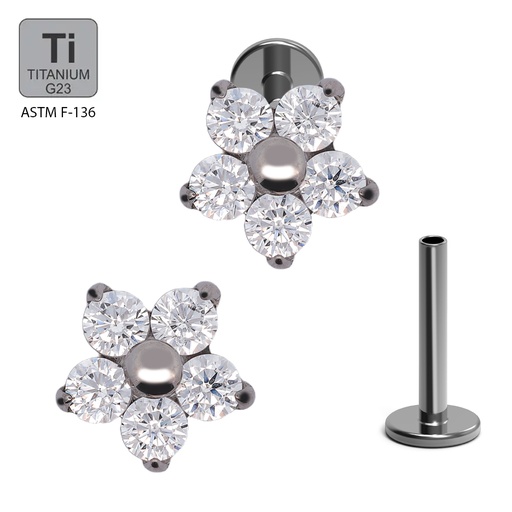 ASTM F136 Titanium G23 Labret with Internally Threaded In 5 Prong Set CZ Flower Top