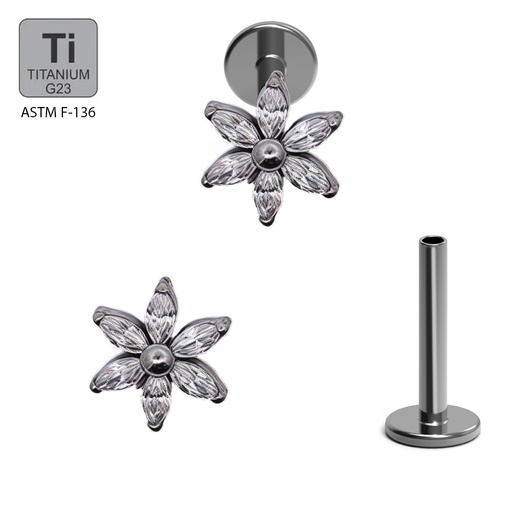 ASTM F136 Titanium G23 Labret with Internally Threaded In 5 Prong Set Marquise Cubic Zirconia Flower Top