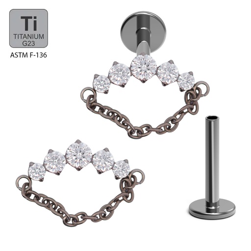 ASTM F136 Titanium G23 Labret with Internally Threaded In 5 CNC Set Round Cubic Zirconia With Dangle Chain Top