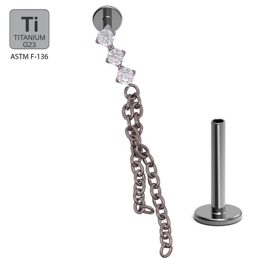 ASTM F136 Titanium G23 Labret with Internally Threaded In CNC Set 3 Cubic Zirconia With 2 Chain Dangle Top
