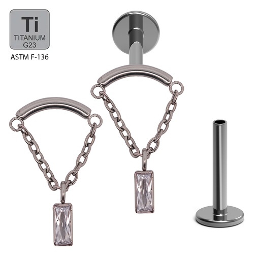  ASTM F136 Titanium G23 Internally Threaded Hidden Helix Labret with Chain and Baguette Cubic Zirconia Center Top