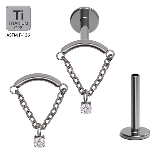 ASTM F136 Titanium G23 Internally Threaded Hidden Helix Labret with Chain and Cubic Zirconia Center Top