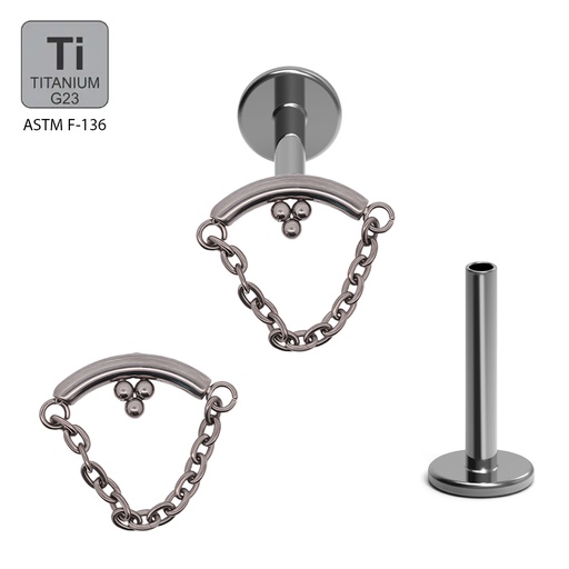 ASTM F136 Titanium G23 Internally Threaded with Chain and 3 Beads On Bar Top 