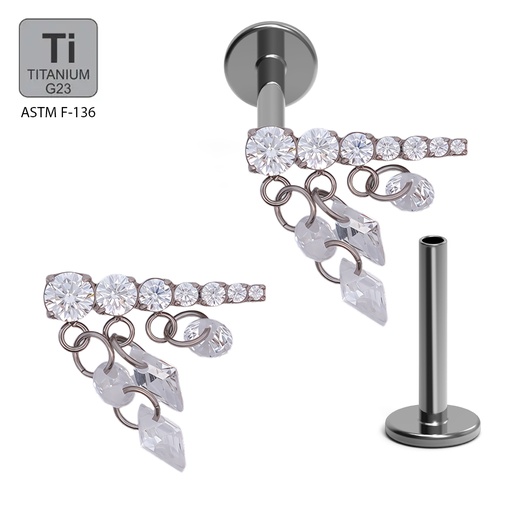 ASTM F136 Titanium G23 Labret with Internally Threaded In 7 Descending Cubic Zirconia With Round and Diamond Cubic Zirconia Dangle