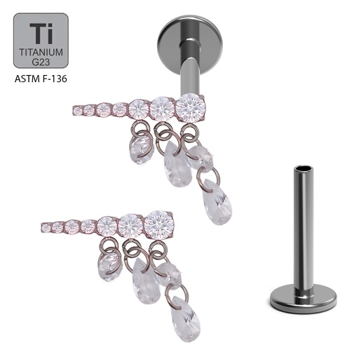 ASTM F136 Titanium G23 Labret with Internally Threaded In 7 Descending Cubic Zirconia With Round and Pear Cubic Zirconia Dangle