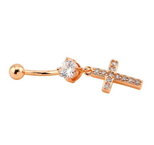 [RGS-BDC322] Steel 316L Rose Gold PVD Titanium Coated Belly Button Banana with CZ Stone Setting in Fashion Design - CC Crystal Clear 