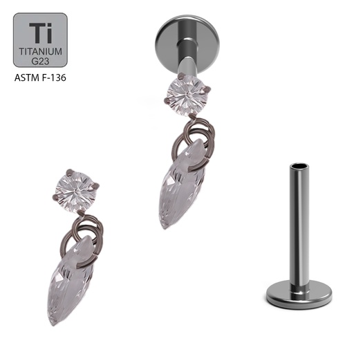 ASTM F136 Titanium G23 Labret with Internally Threaded In Prong Set Cubic Zirconia With Marquise Cubic Zirconia Dangle