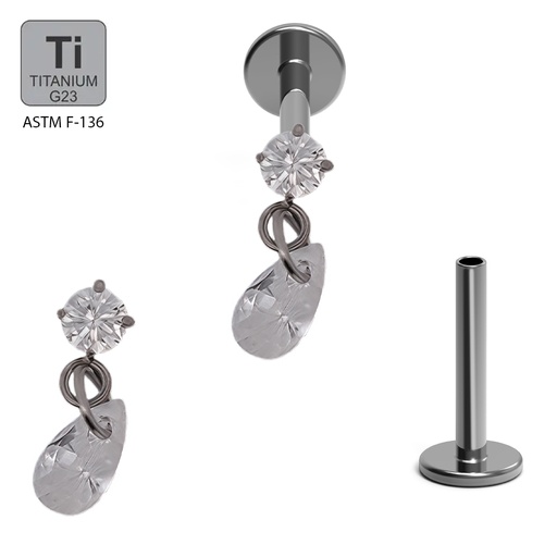 ASTM F136 Titanium G23 Labret with Internally Threaded In Prong Set Cubic Zirconia With Tear Drop Cubic Zirconia Dangle
